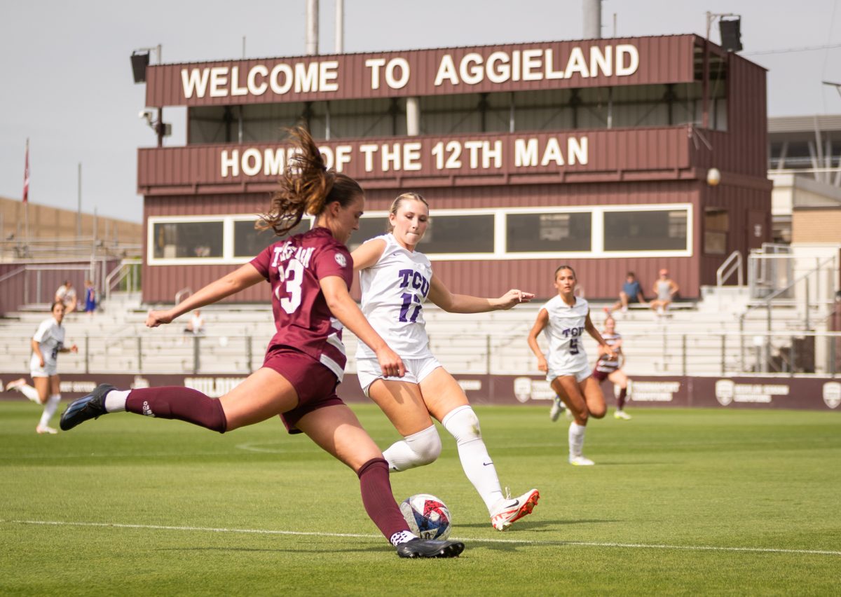 Senior M/D Mia Pante (13) drives the ball during Texas A&Ms game against TCU on Sunday, April 7, 2024, at Ellis Field.