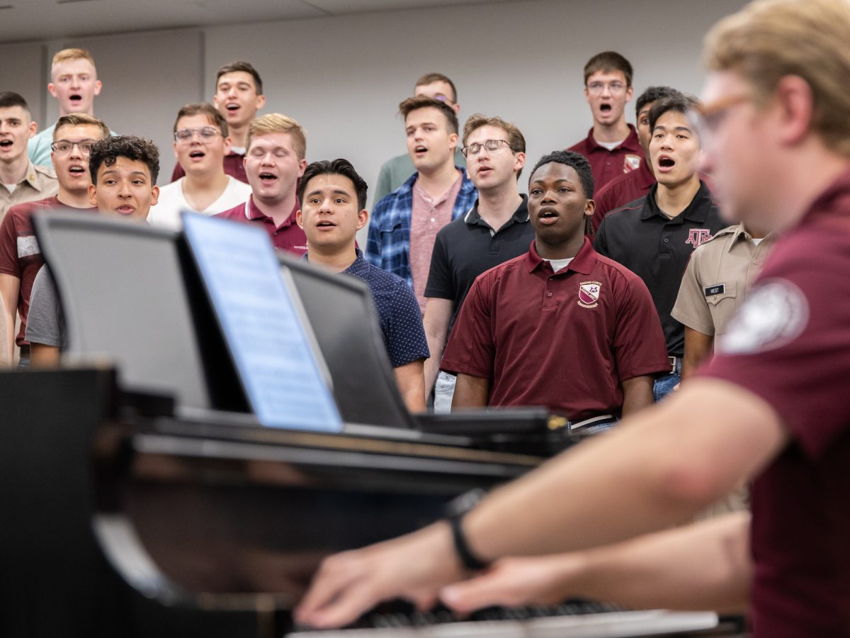 Members of the Singing Cadets practice at the John D. White 70 - Robert L. Walker 58 Music Activities Center on Tuesday, April 2, 2024. (Kyle Heise/The Battalion)