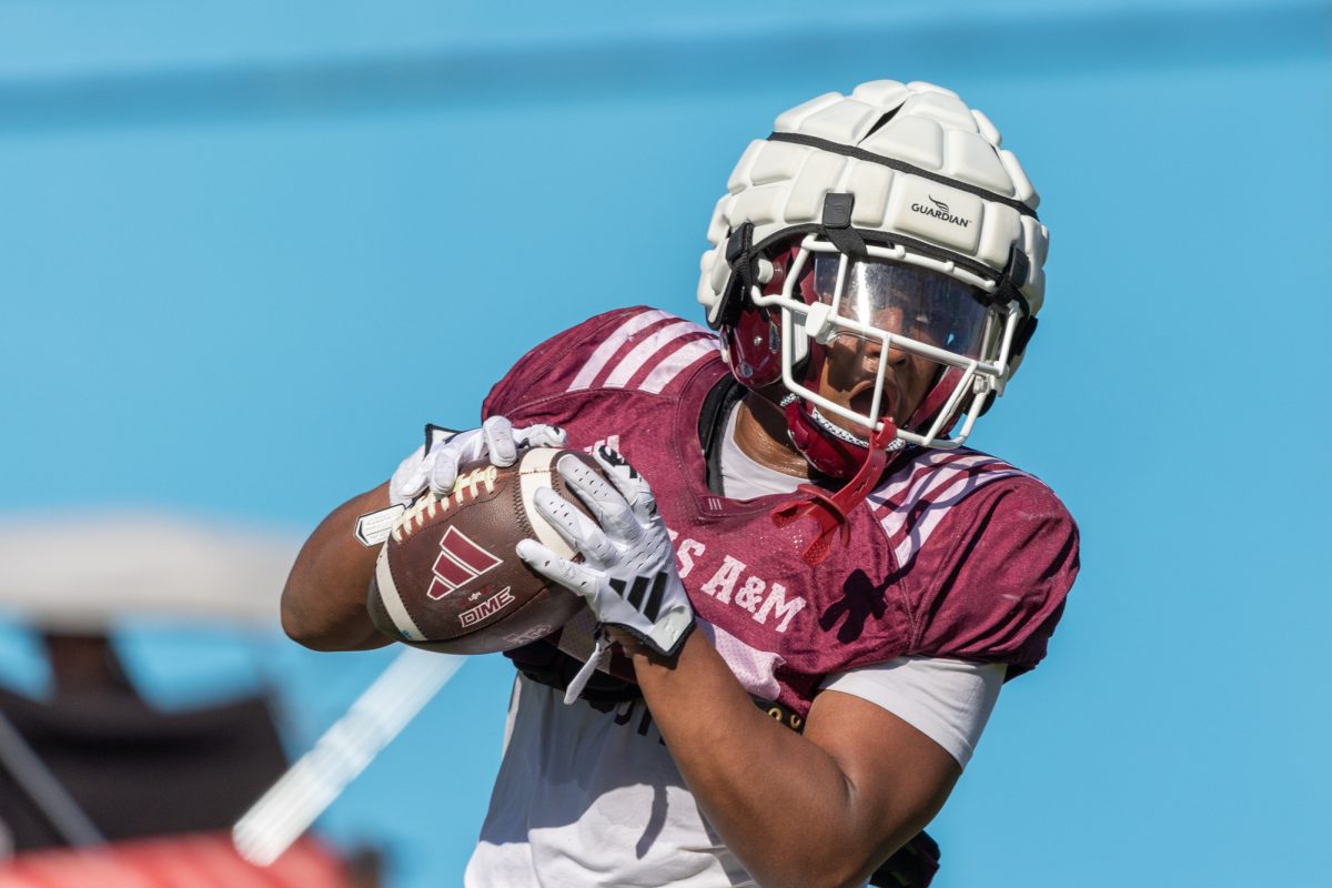 Freshman RB Ronnie Crosby III (27) at Spring Football practice on Tuesday, April 2, 2024, outside Coolidge Football Performance Center. (Adriano Espinosa/The Battalion)