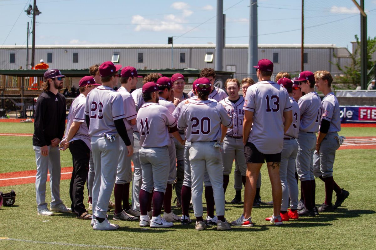 The Aggie club baseball team huddles up after defeating the University of Texas at Travis Field on Sunday, April 21, 2024. (Photo courtesy of A&M Club Baseball)
