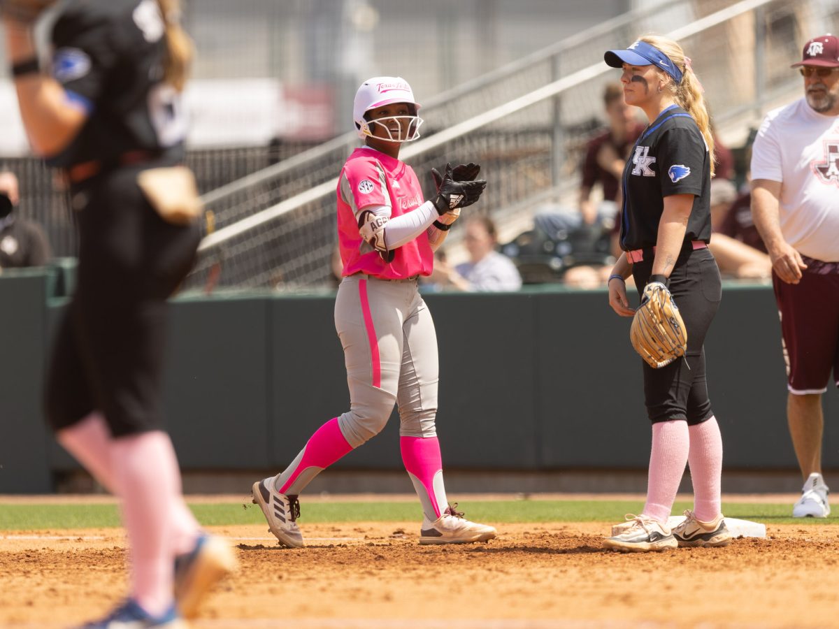 Sophomore INF Kennedy Powell (1) celebrates during Texas A&Ms game against Kentucky on April 7th, 2024 at Davis Diamond. (Jaime Rowe/The Battalion)