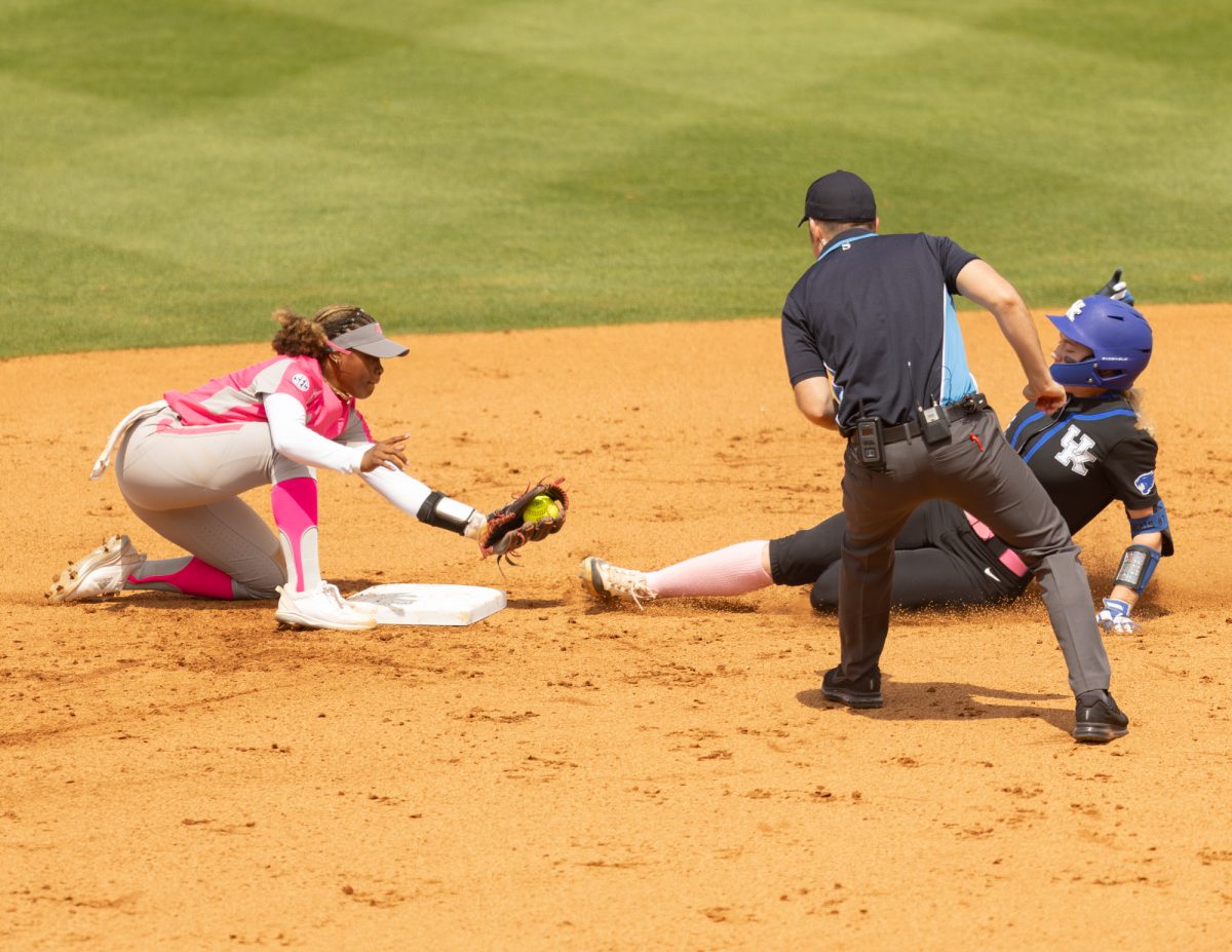 Junior INF Koko Wooley (3) gets an outa during Texas A&Ms game against Kentucky on April 7th, 2024 at Davis Diamond. (Jaime Rowe/The Battalion)