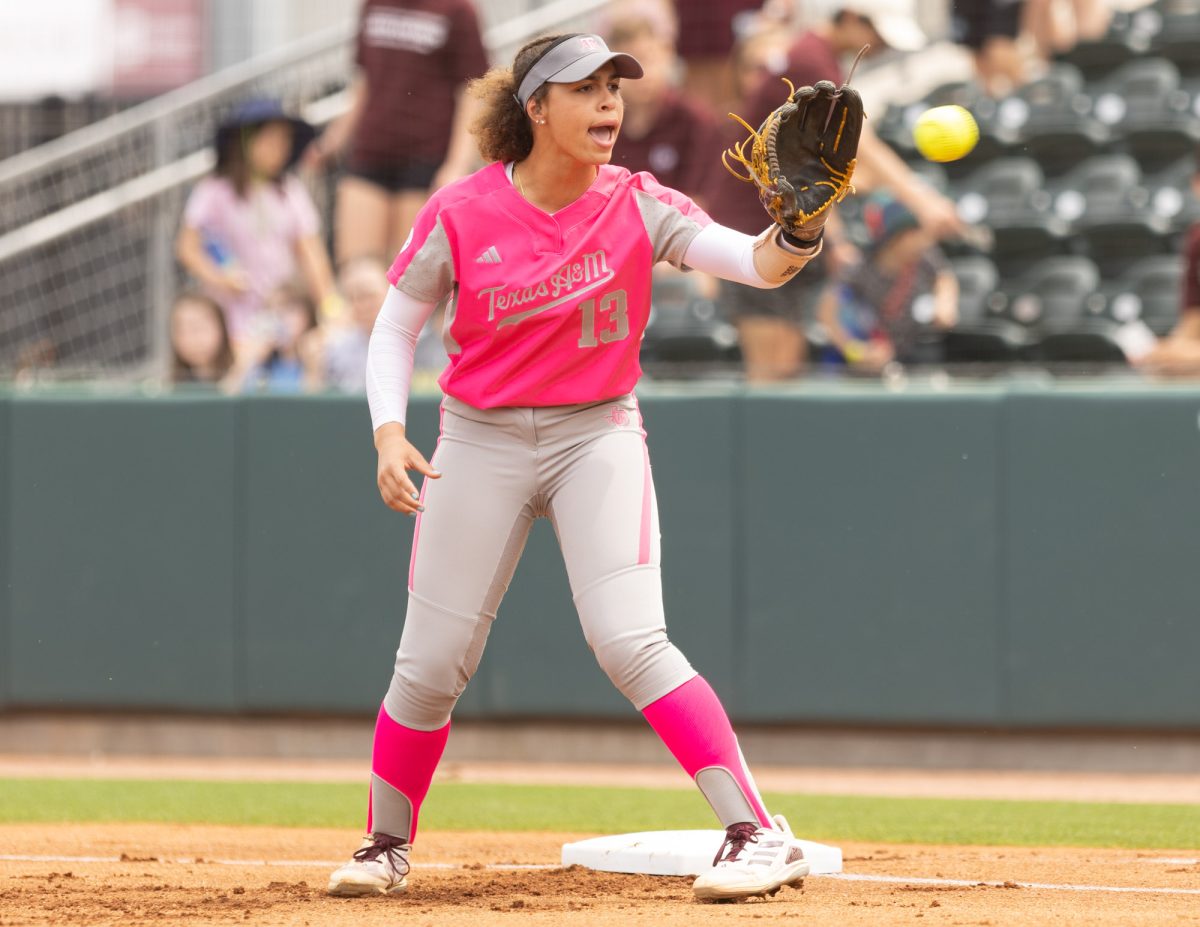 Sophomore INF Amari Harper (13) catches the ball on first base during Texas A&Ms game against Kentucky on April 7th, 2024 at Davis Diamond. (Jaime Rowe/The Battalion)