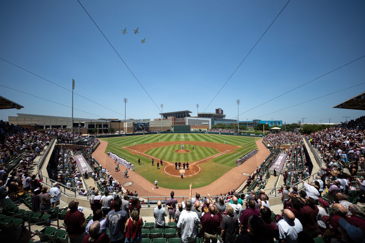 A fighter jet squadron flies over during the National Anthem before Texas A&M’s game against Arkansas at Olsen Field on Saturday, May 18, 2024. (Chris Swann/The Battalion)