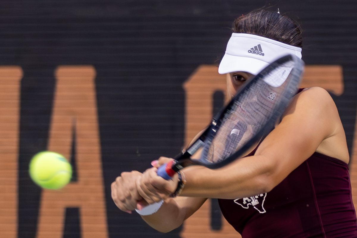 Texas A&M sophomore Mia Kupres watches the ball during Texas A&M’s match against Georgia at the NCAA Women’s Tennis Championship Game in Greenwood Tennis Center in Stillwater, Oklahoma, on Sunday, May 19, 2024. (CJ Smith/The Battalion)