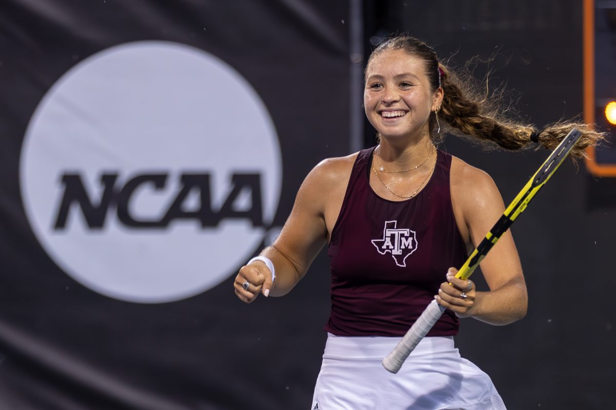 Texas A&M junior Jeanette Mireles reacts after winning a set during Texas A&M’s match against Georgia at the NCAA Women’s Tennis Championship Game in Greenwood Tennis Center in Stillwater, Oklahoma, on Sunday, May 19, 2024. (CJ Smith/The Battalion)