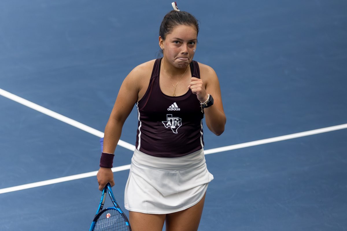 Texas A&M freshman Lucianna Perez reacts after scoring a point during Texas A&M’s match against Georgia at the NCAA Women’s Tennis Championship Game in Greenwood Tennis Center in Stillwater, Oklahoma, on Sunday, May 19, 2024. (CJ Smith/The Battalion)