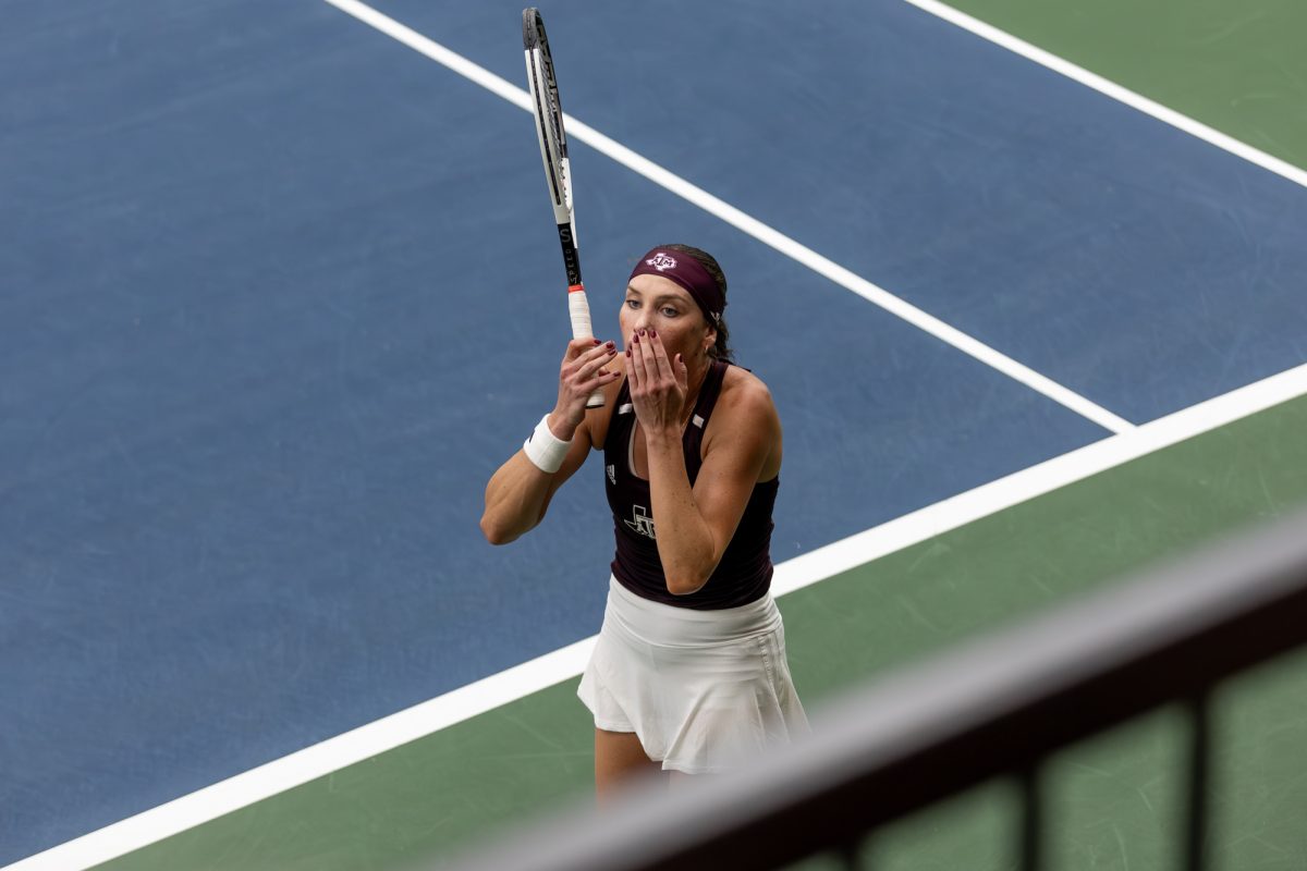 Texas A&M senior Carson Brandstine reacts after dropping a point during Texas A&M’s match against Georgia at the NCAA Women’s Tennis Championship Game in Greenwood Tennis Center in Stillwater, Oklahoma, on Sunday, May 19, 2024. (CJ Smith/The Battalion)