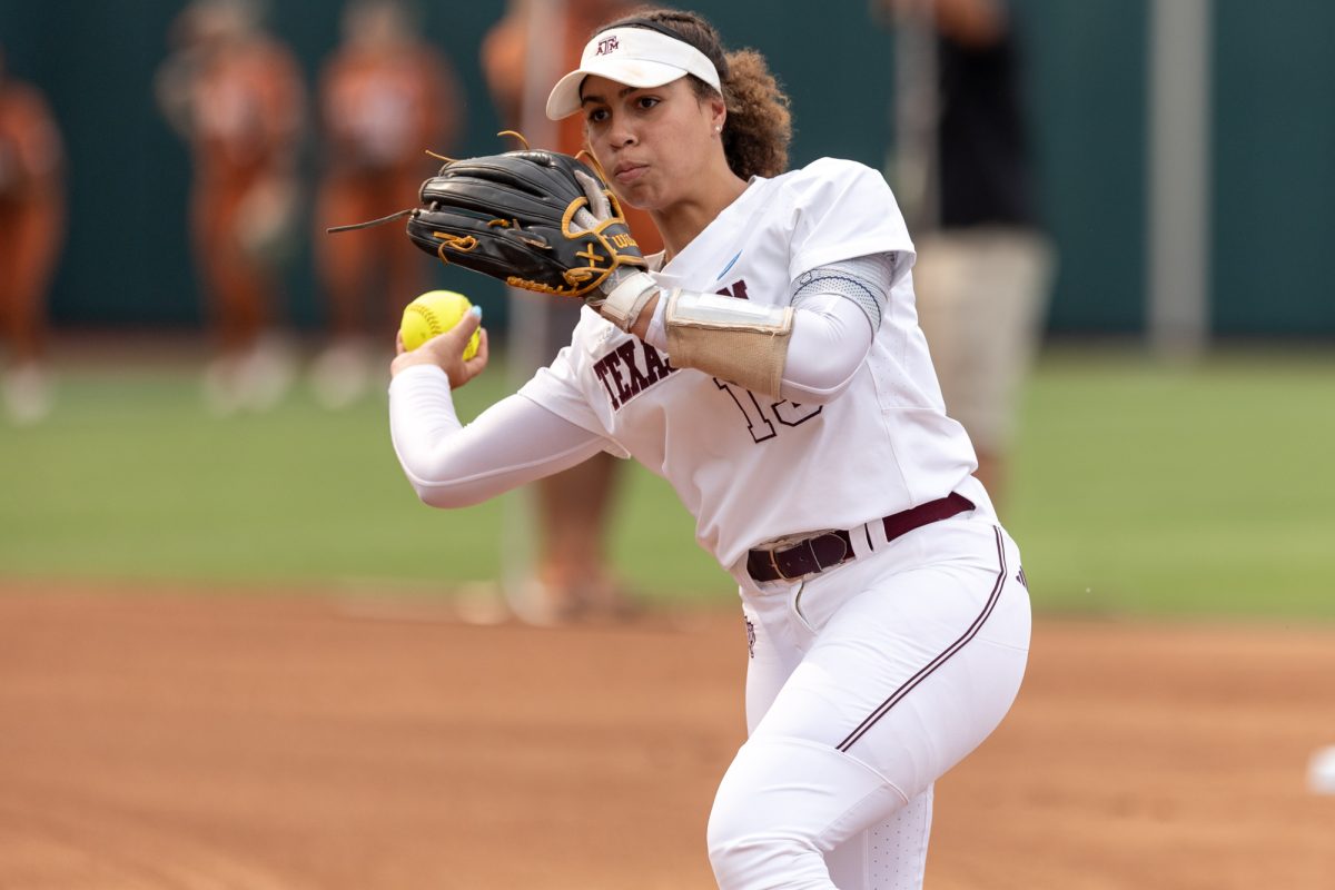 Texas A&M infielder Amari Harper (13) throws the ball before Texas A&M’s game against Texas at the Austin Super Regional at Red and Charline McCombs Field in Austin, Texas, on Friday, May 24, 2024. (CJ Smith/The Battalion)