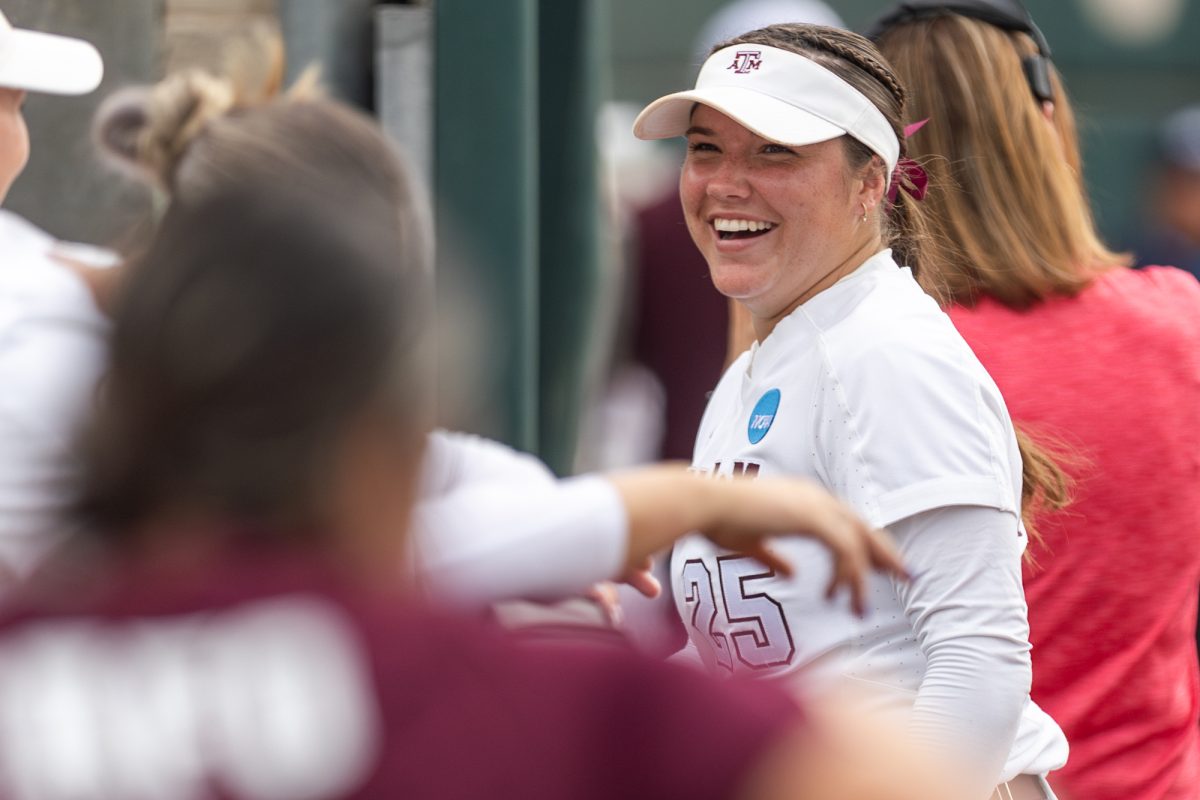 Texas A&M starting pitcher/relief pitcher Emily Leavitt (25) reacts before Texas A&M’s game against Texas at the Austin Super Regional at Red and Charline McCombs Field in Austin, Texas, on Friday, May 24, 2024. (CJ Smith/The Battalion)