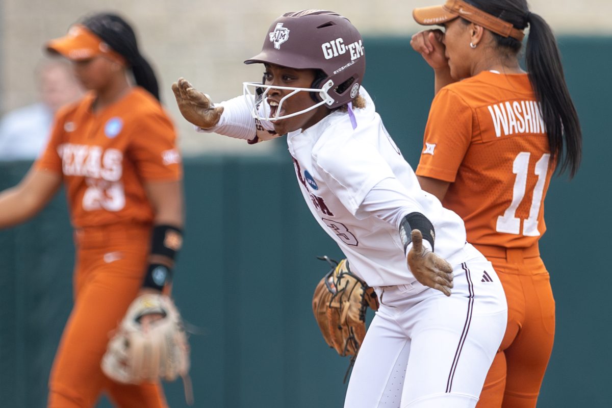 Texas A&M infielder Koko Wooley (3) reacts during Texas A&M’s game against Texas at the Austin Super Regional at Red and Charline McCombs Field in Austin, Texas, on Friday, May 24, 2024. (CJ Smith/The Battalion)