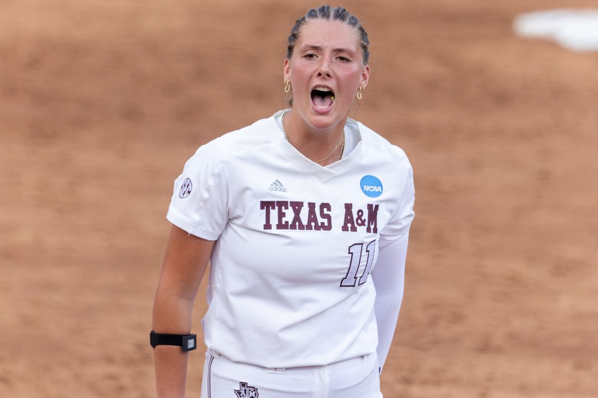 Texas A&amp;M starting pitcher/relief pitcher Emiley Kennedy (11) reacts during Texas A&amp;M’s game against Texas at the Austin Super Regional at Red and Charline McCombs Field in Austin, Texas, on Friday, May 24, 2024. (CJ Smith/The Battalion)