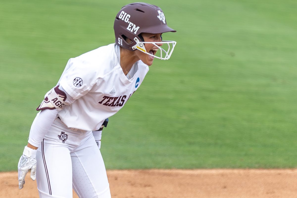 Texas A&M outfielder Kramer Eschete (91) reacts during Texas A&M’s game against Texas at the Austin Super Regional at Red and Charline McCombs Field in Austin, Texas, on Friday, May 24, 2024. (CJ Smith/The Battalion)