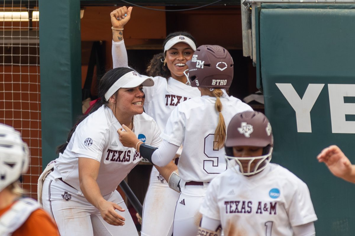 Texas A&M infielder Trinity Cannon (6), infielder Rylen Wiggins (2), and infielder Hailey Golden (9) react to a run during Texas A&M’s game against Texas at the Austin Super Regional at Red and Charline McCombs Field in Austin, Texas, on Friday, May 24, 2024. (CJ Smith/The Battalion)