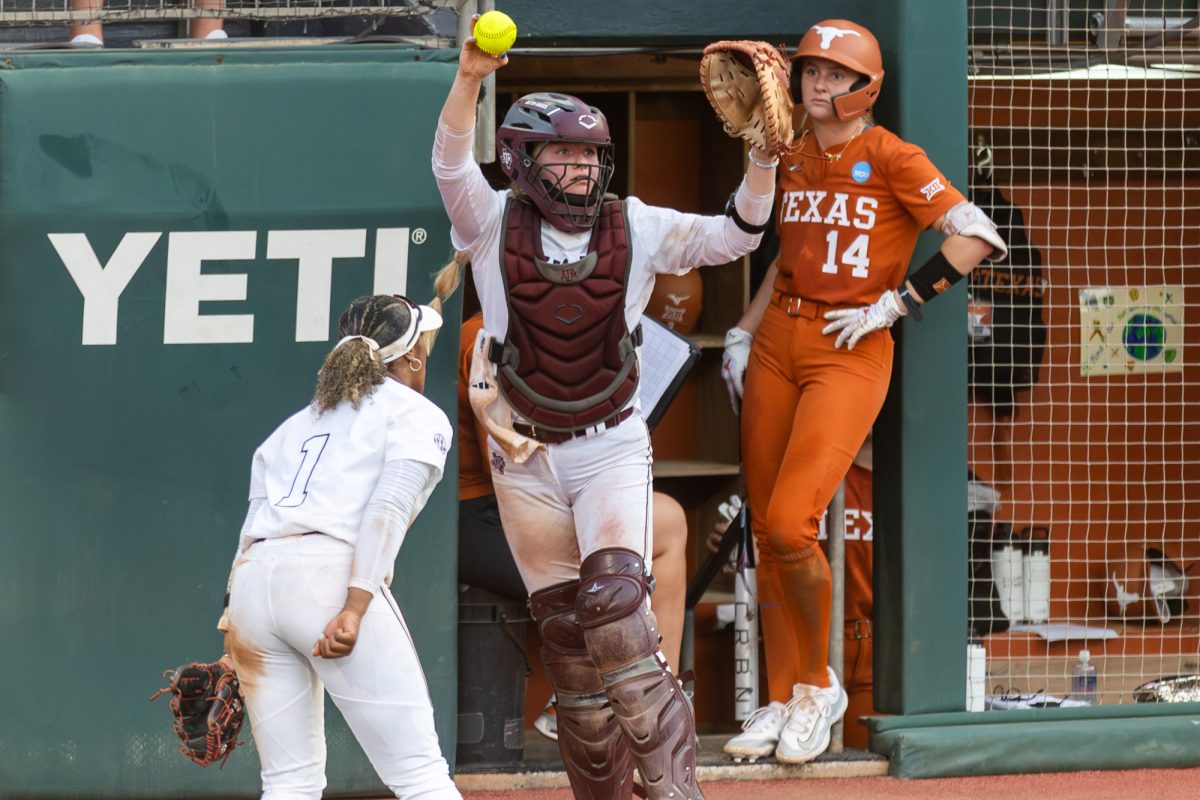 Texas A&M catcher Julia Cottrill (42) reacts after catching a foul ball during Texas A&M’s game against Texas at the Austin Super Regional at Red and Charline McCombs Field in Austin, Texas, on Friday, May 24, 2024. (CJ Smith/The Battalion)