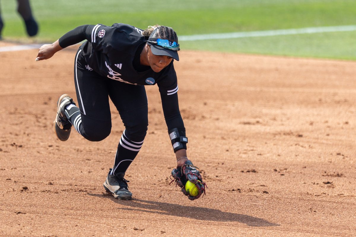 Texas A&M infielder Kennedy Powell (1) catches a ground ball during Texas A&M’s game against Texas at the Austin Super Regional at Red and Charline McCombs Field in Austin, Texas, on Saturday, May 25, 2024. (CJ Smith/The Battalion)