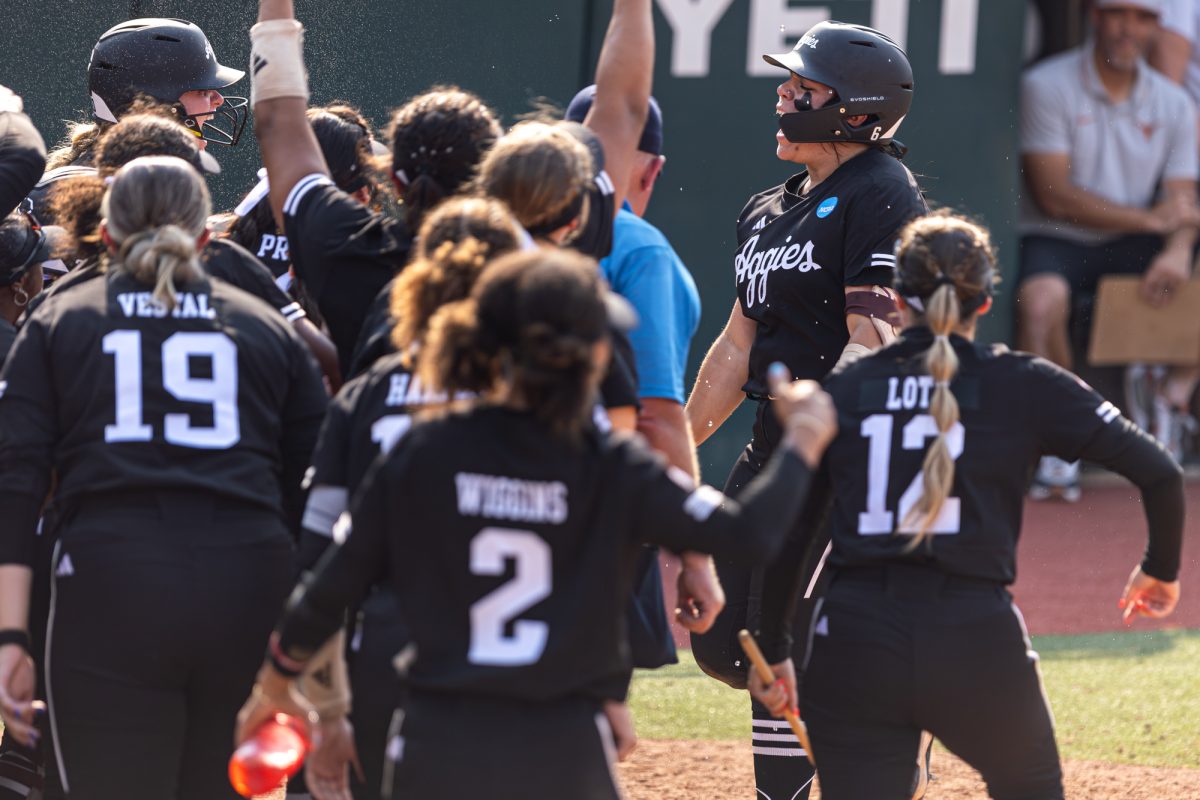 Texas A&M infielder Trinity Cannon (6) reacts with her teammates during Texas A&M’s game against Texas at the Austin Super Regional at Red and Charline McCombs Field in Austin, Texas, on Saturday, May 25, 2024. (CJ Smith/The Battalion)