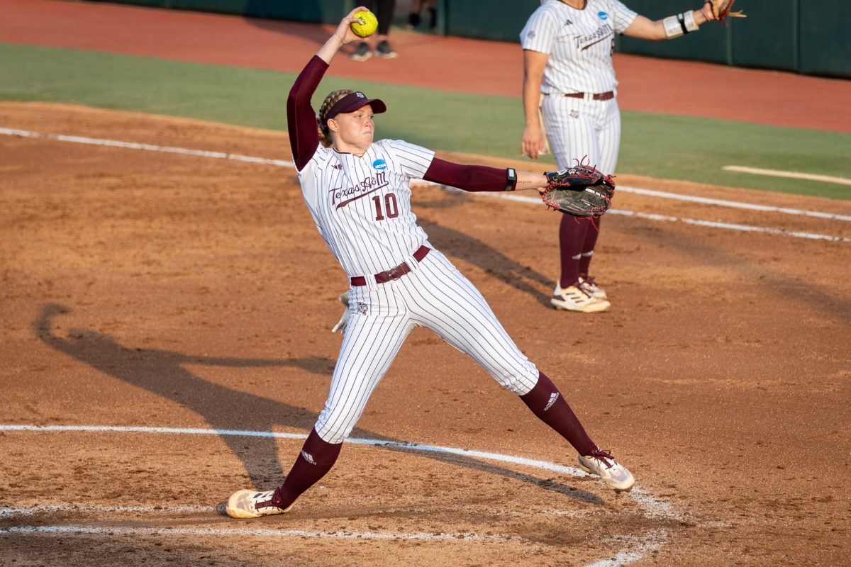 Texas A&M starting pitcher/relief pitcher Shaylee Ackerman (10) pitches during Texas A&M’s game against Texas at the Austin Super Regional at Red and Charline McCombs Field in Austin, Texas, on Sunday, May 26, 2024. (CJ Smith/The Battalion)