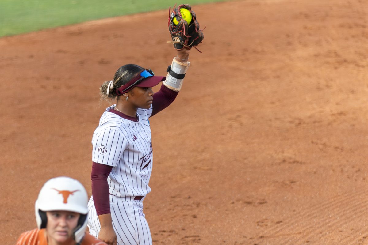 Texas A&M infielder Kennedy Powell (1) holds the ball during Texas A&M’s game against Texas at the Austin Super Regional at Red and Charline McCombs Field in Austin, Texas, on Sunday, May 26, 2024. (CJ Smith/The Battalion)