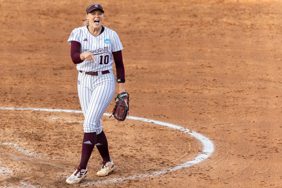 Texas A&M starting pitcher/relief pitcher Shaylee Ackerman (10) reacts during Texas A&M’s game against Texas at the Austin Super Regional at Red and Charline McCombs Field in Austin, Texas, on Sunday, May 26, 2024. (CJ Smith/The Battalion)
