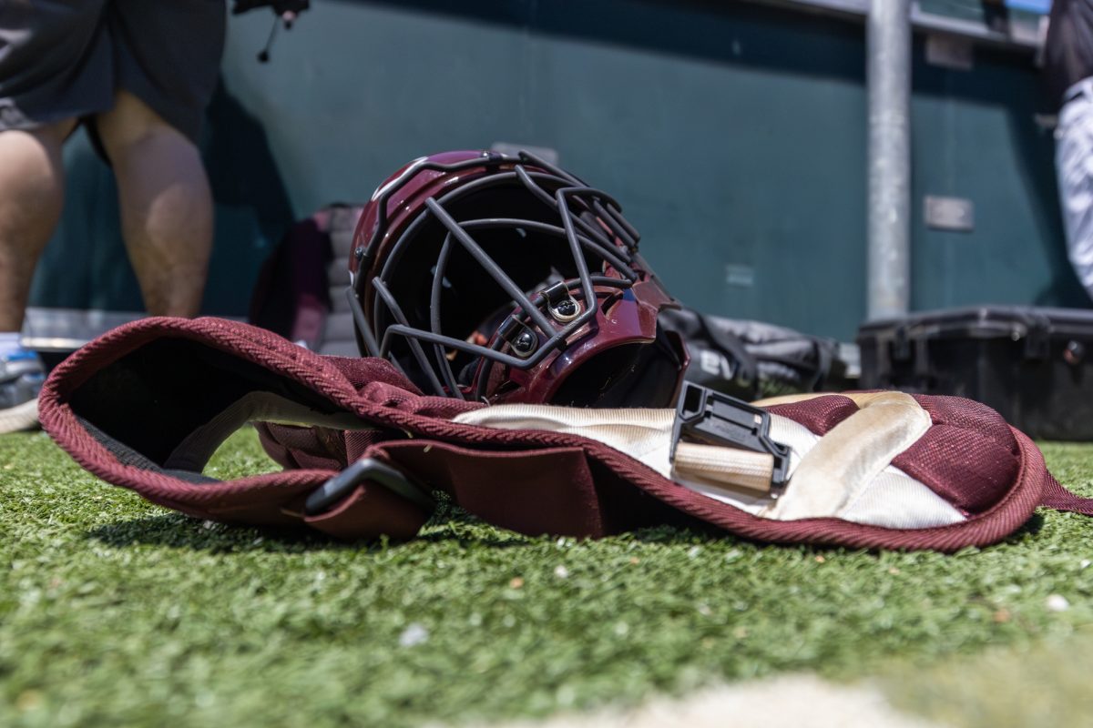 Catchers gear during Texas A&M’s game against Texas at the Austin Super Regional at Red and Charline McCombs Field in Austin, Texas, on Sunday, May 26, 2024. (CJ Smith/The Battalion)