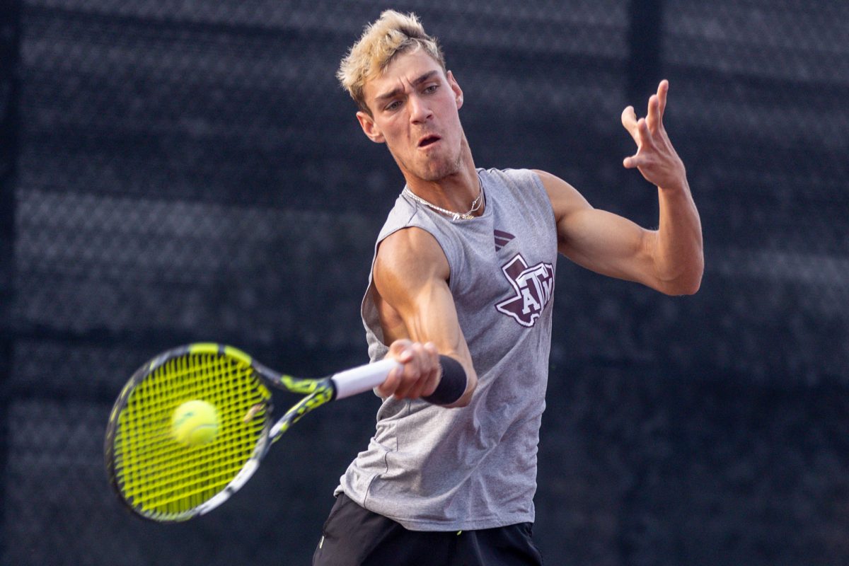 Junior Giulio Perego returns a volley during Texas A&M’s match against Rice at the NCAA Men’s Tennis Regional at Mitchell Tennis Center on Friday, May 3, 2024. (CJ Smith/The Battalion)