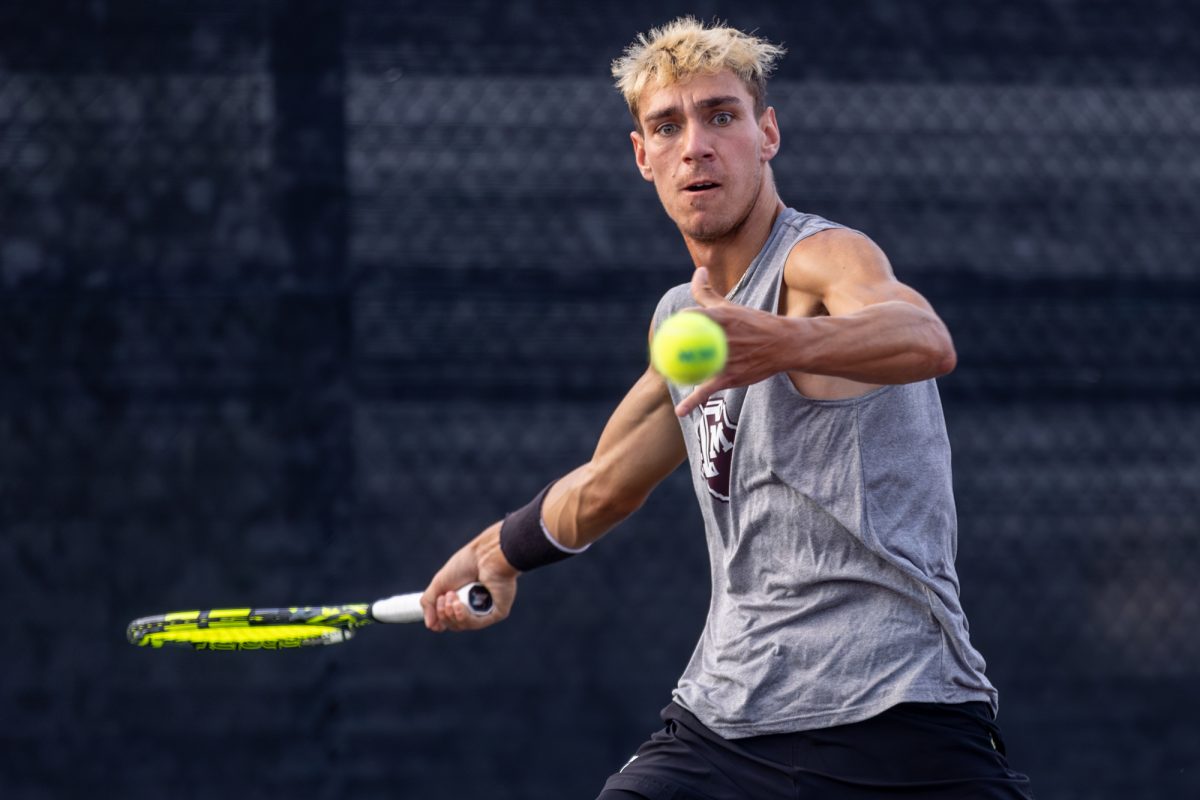 Junior Giulio Perego prepares to return a volley during Texas A&amp;M’s match against Rice at the NCAA Men’s Tennis Regional at Mitchell Tennis Center on Friday, May 3, 2024. (CJ Smith/The Battalion)