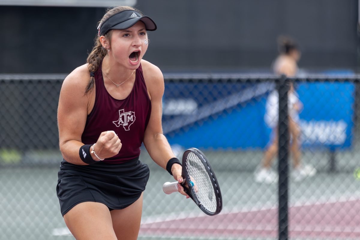 Junior Mary Stoiana reacts during Texas A&M’s match against Oklahoma at the NCAA Women’s Tennis Regional at Mitchell Tennis Center on Sunday, May 5, 2024. (CJ Smith/The Battalion)