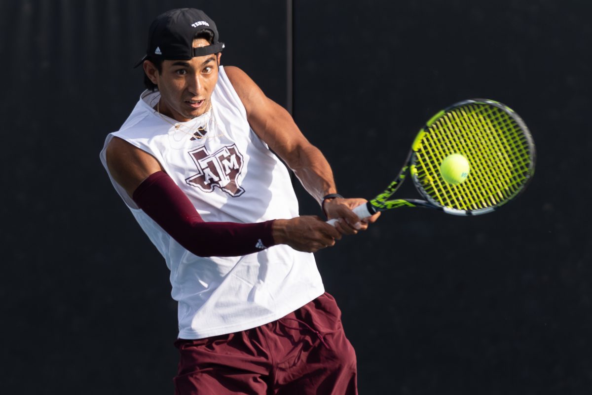 Junior JC Roddick hits the ball during Texas A&M’s match against Texas at the NCAA Men’s Tennis Super Regional at Texas Tennis Center on Friday, May 10, 2024. (CJ Smith/The Battalion)