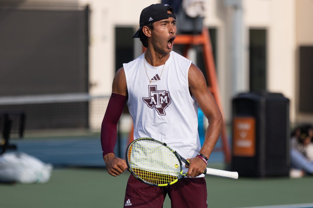 Junior JC Roddick reacts during Texas A&M’s match against Texas at the NCAA Men’s Tennis Super Regional at Texas Tennis Center on Friday, May 10, 2024. (CJ Smith/The Battalion)