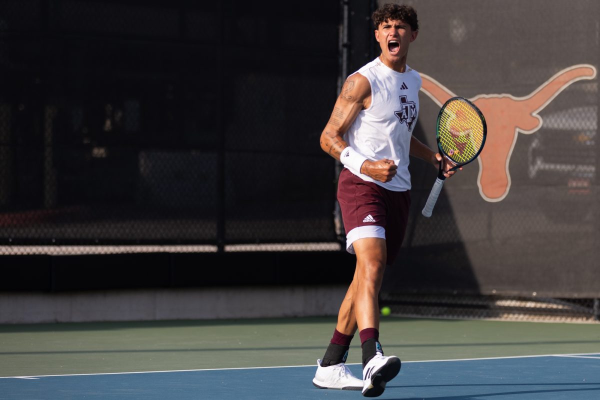 Freshman Tiago Pires reacts during Texas A&amp;M’s match against Texas at the NCAA Men’s Tennis Super Regional at Texas Tennis Center on Friday, May 10, 2024. (CJ Smith/The Battalion)