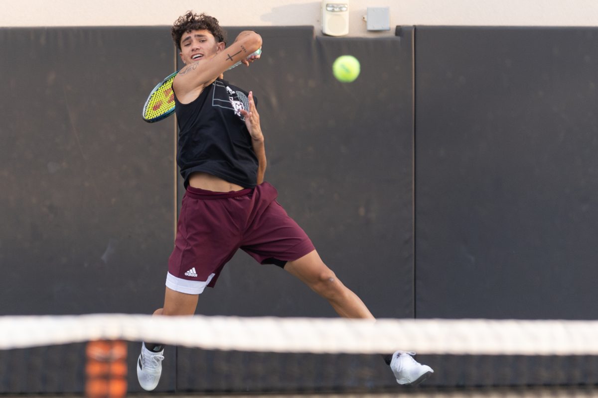 Freshman Tiago Pires returns the ball during Texas A&amp;M’s match against Texas at the NCAA Men’s Tennis Super Regional at Texas Tennis Center on Friday, May 10, 2024. (CJ Smith/The Battalion)