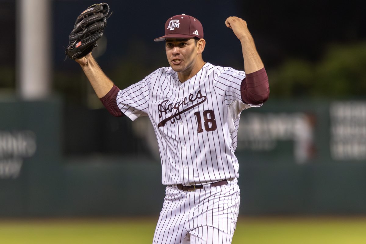 Texas A&M pitcher Ryan Prager (18) reacts during Texas A&M’s game against Arkansas at Olsen Field on Thursday, May 16, 2024. (CJ Smith/The Battalion)