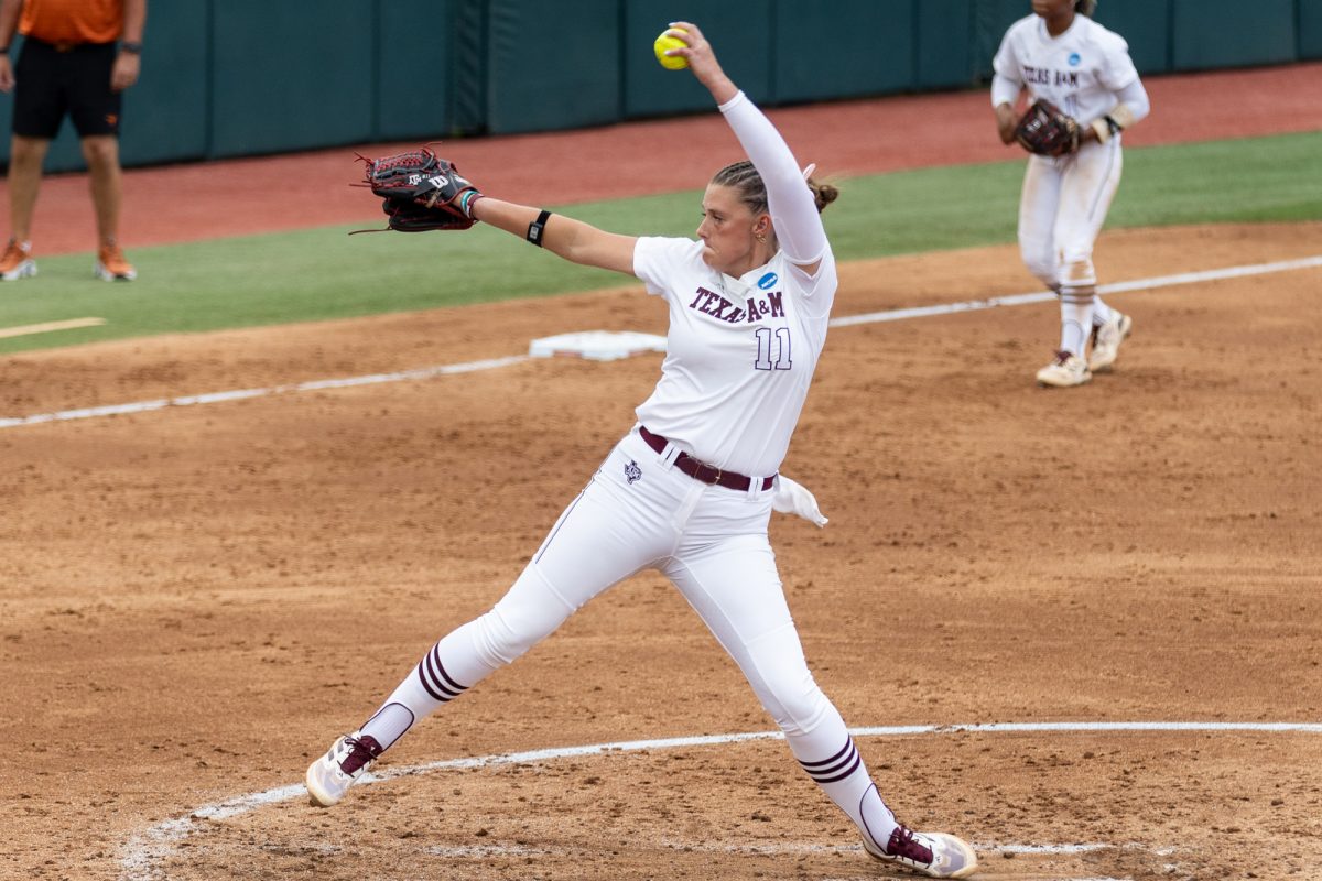 Texas A&M starting pitcher/relief pitcher Emiley Kennedy (11) pitches during Texas A&M’s game against Texas at the Austin Super Regional at Red and Charline McCombs Field in Austin, Texas, on Friday, May 24, 2024. (CJ Smith/The Battalion)