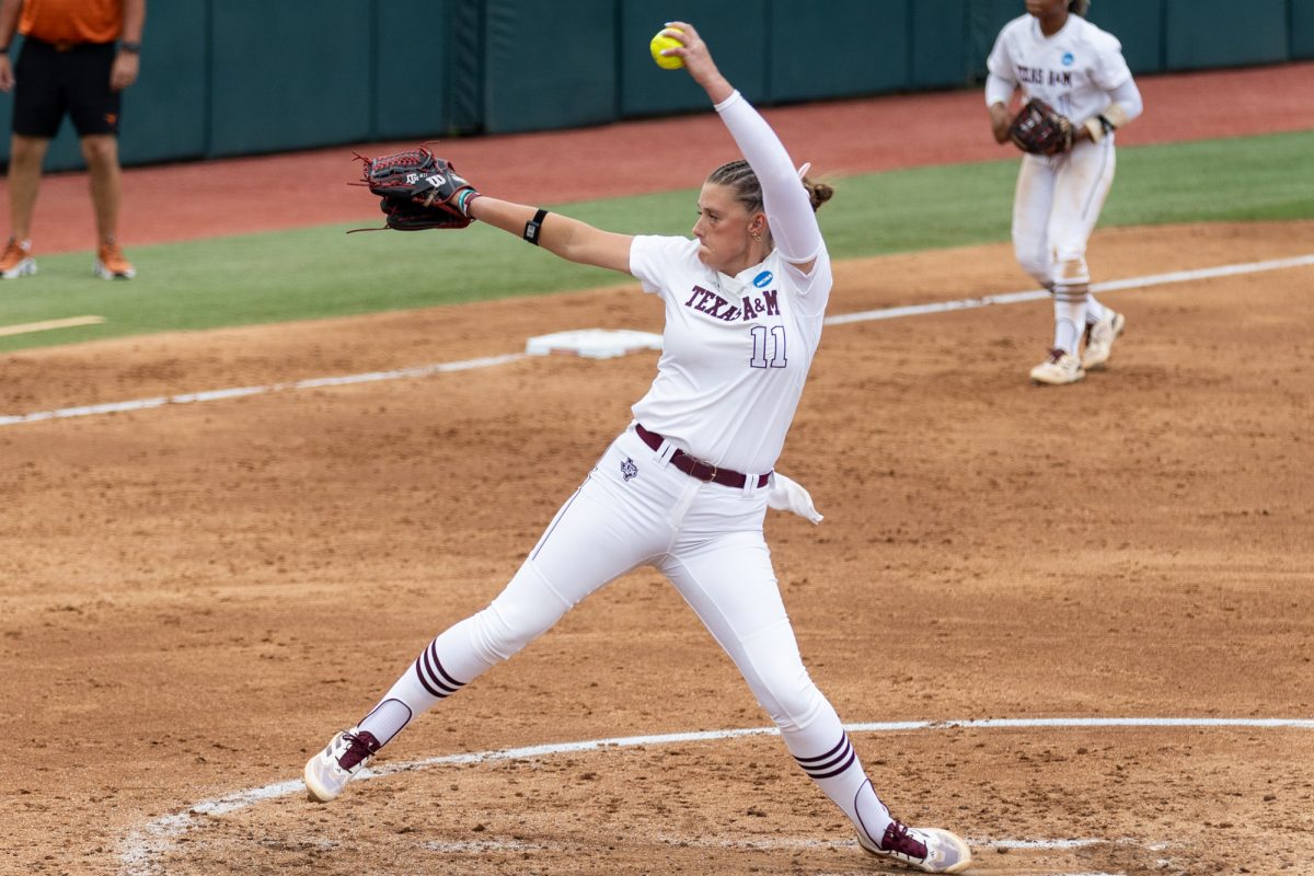 Texas A&amp;M starting pitcher/relief pitcher Emiley Kennedy (11) pitches during Texas A&amp;M’s game against Texas at the Austin Super Regional at Red and Charline McCombs Field in Austin, Texas, on Friday, May 24, 2024. (CJ Smith/The Battalion)