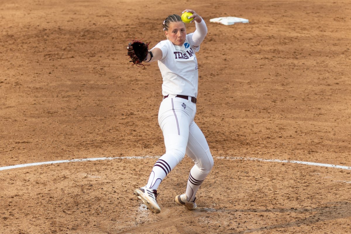 Texas A&amp;M starting pitcher/relief pitcher Emiley Kennedy (11) pitches during Texas A&amp;M’s game against Texas at the Austin Super Regional at Red and Charline McCombs Field in Austin, Texas, on Friday, May 24, 2024. (CJ Smith/The Battalion)