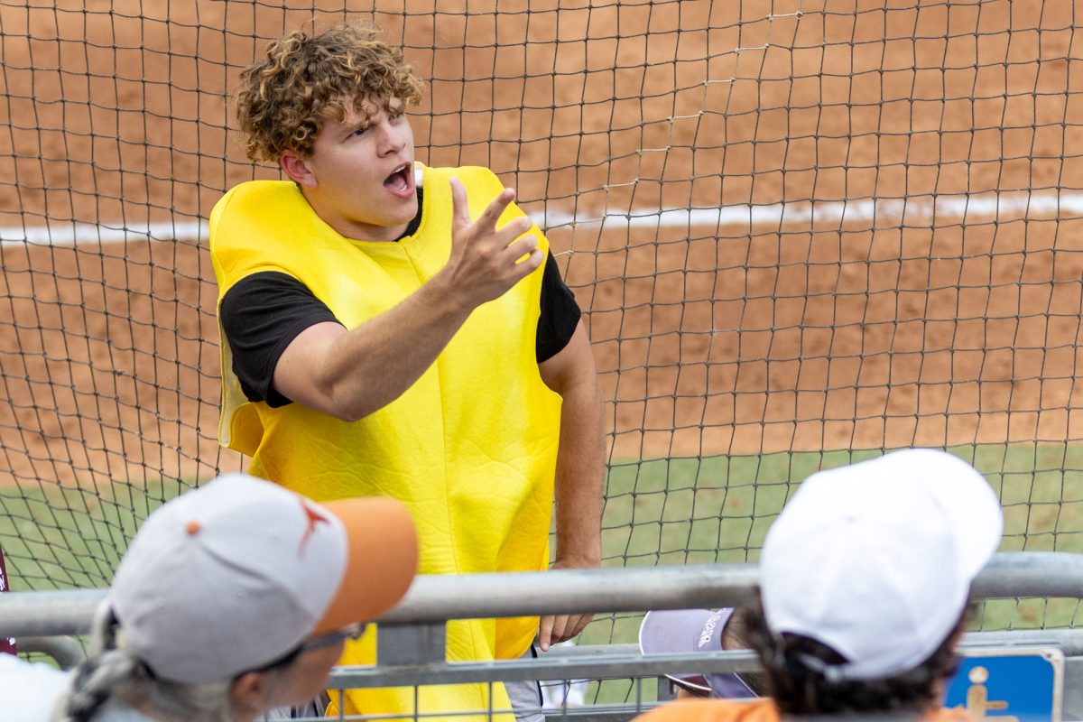 A fan leads the BTHO chant during Texas A&M’s game against Texas at the Austin Super Regional at Red and Charline McCombs Field in Austin, Texas, on Friday, May 24, 2024. (CJ Smith/The Battalion)