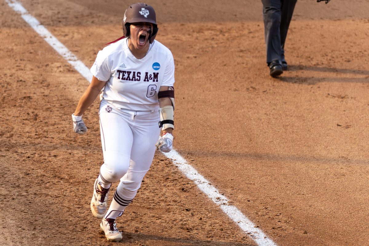 Texas A&M infielder Trinity Cannon (6) reacts during Texas A&M’s game against Texas at the Austin Super Regional at Red and Charline McCombs Field in Austin, Texas, on Friday, May 24, 2024. (CJ Smith/The Battalion)