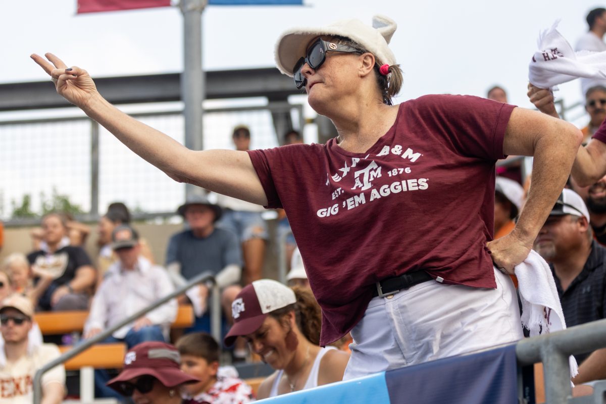 Texas A&M fan Revis Ward-Dagget reacts during Texas A&M’s game against Texas at the Austin Super Regional at Red and Charline McCombs Field in Austin, Texas, on Friday, May 24, 2024. (CJ Smith/The Battalion)