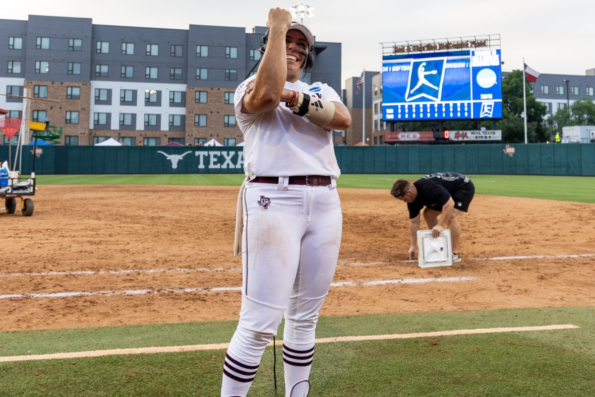 Texas A&M infielder Trinity Cannon (6) leads the BTHO chant after Texas A&M’s game against Texas at the Austin Super Regional at Red and Charline McCombs Field in Austin, Texas, on Friday, May 24, 2024. (CJ Smith/The Battalion)