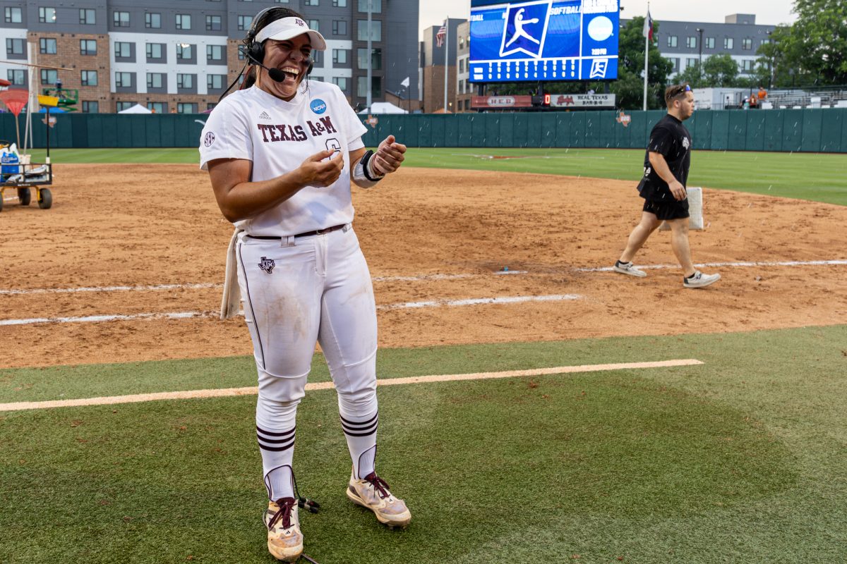 Texas A&M infielder Trinity Cannon (6) gets interviewed after Texas A&M’s game against Texas at the Austin Super Regional at Red and Charline McCombs Field in Austin, Texas, on Friday, May 24, 2024. (CJ Smith/The Battalion)