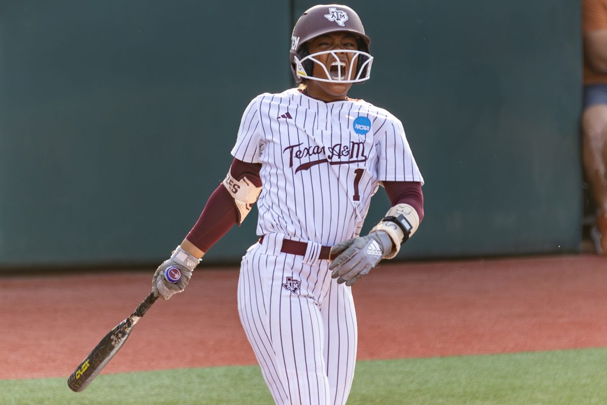 Texas A&M infielder Kennedy Powell (1) reacts during Texas A&M’s game against Texas at the Austin Super Regional at Red and Charline McCombs Field in Austin, Texas, on Sunday, May 26, 2024. (CJ Smith/The Battalion)