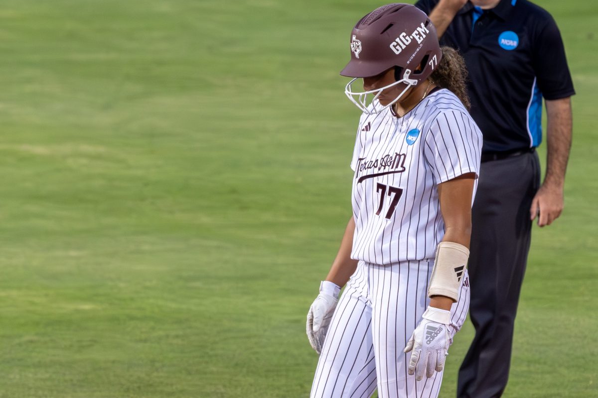 Texas A&M outfielder Jazmine Hill (77) reacts during Texas A&M’s game against Texas at the Austin Super Regional at Red and Charline McCombs Field in Austin, Texas, on Sunday, May 26, 2024. (CJ Smith/The Battalion)