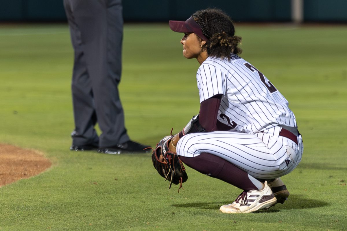 Texas A&amp;M infielder Rylen Wiggins (2) reacts during Texas A&amp;M’s game against Texas at the Austin Super Regional at Red and Charline McCombs Field in Austin, Texas, on Sunday, May 26, 2024. (CJ Smith/The Battalion)