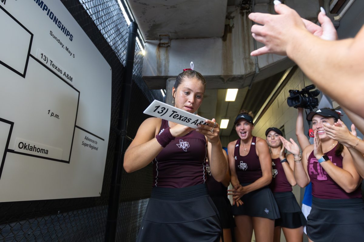 Junior Jeanette Mireles punches the Aggies’ ticket to the Super Regional round of the NCAA Women’s Tennis Tournament after Texas A&M’s win against Oklahoma at the NCAA Women’s Tennis Regional at Mitchell Tennis Center on Sunday, May 5, 2024. (CJ Smith/The Battalion)