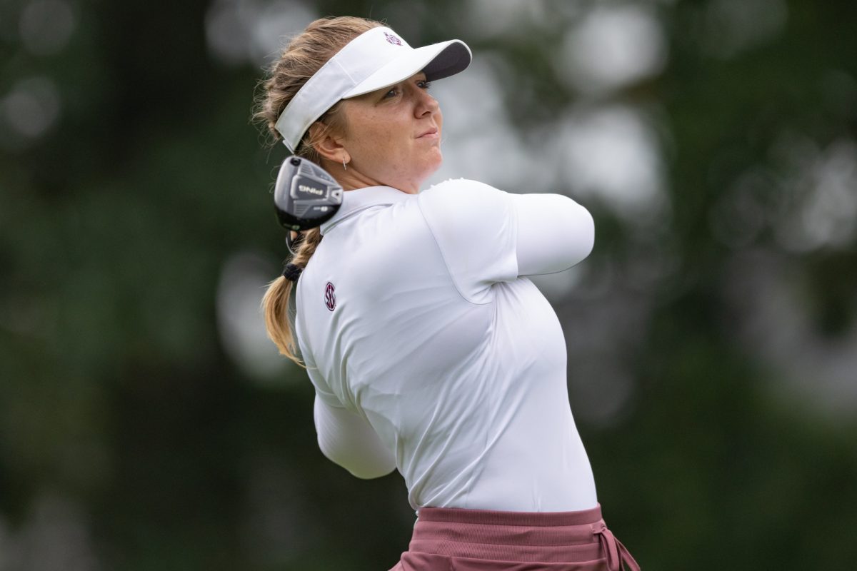 Junior Adela Cernousek tees off during the Bryan Regional of the NCAA Women’s Golf Championship at Traditions Golf Club on Monday, May 6, 2024. (Chris Swann/ The Battalion)