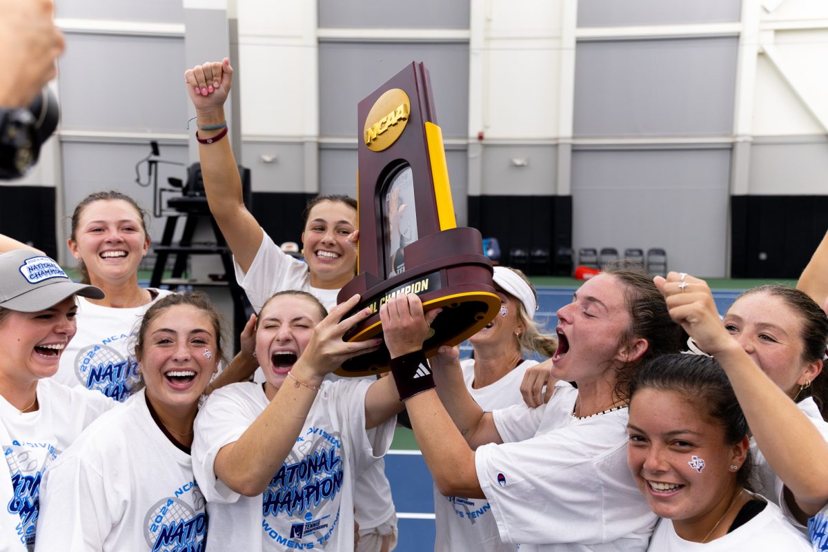 The Aggies react after clinching the national championship after Texas A&M’s win against Georgia at the NCAA Women’s Tennis Championship Game in Greenwood Tennis Center in Stillwater, Oklahoma on Sunday, May 19, 2024.