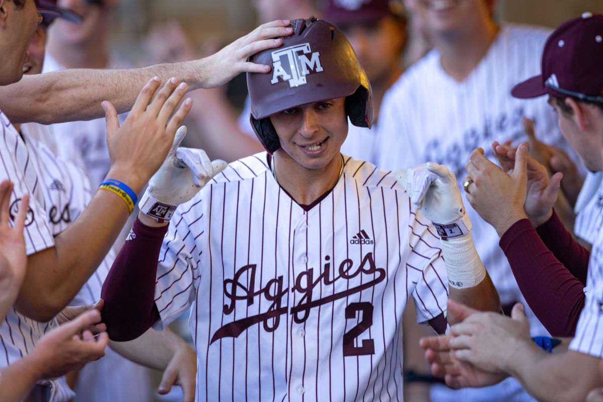 Texas A&M infielder Ali Camarillo (2) reacts after hitting a home run during Texas A&M’s game against Tarleton State on Tuesday, April 30, 2024. (Chris Swann/The Battalion)