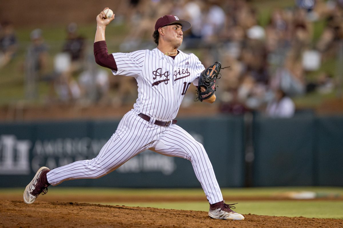 Texas A&M pitcher Chris Cortez (10) delivers a pitch during Texas A&M’s game against Tarleton State on Tuesday, April 30, 2024. (Chris Swann/The Battalion)
