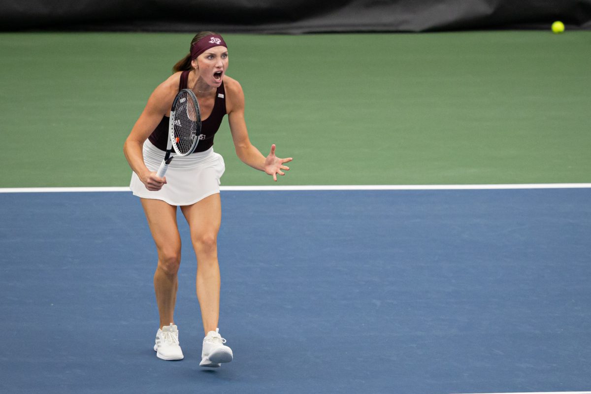 Texas A&M senior Carson Brandstine reacts after scoring a point during Texas A&M’s match against Georgia at the Greenwood Tennis Center in Stillwater, Oklahoma, on Sunday, May 19, 2024. (Chris Swann/The Battalion)